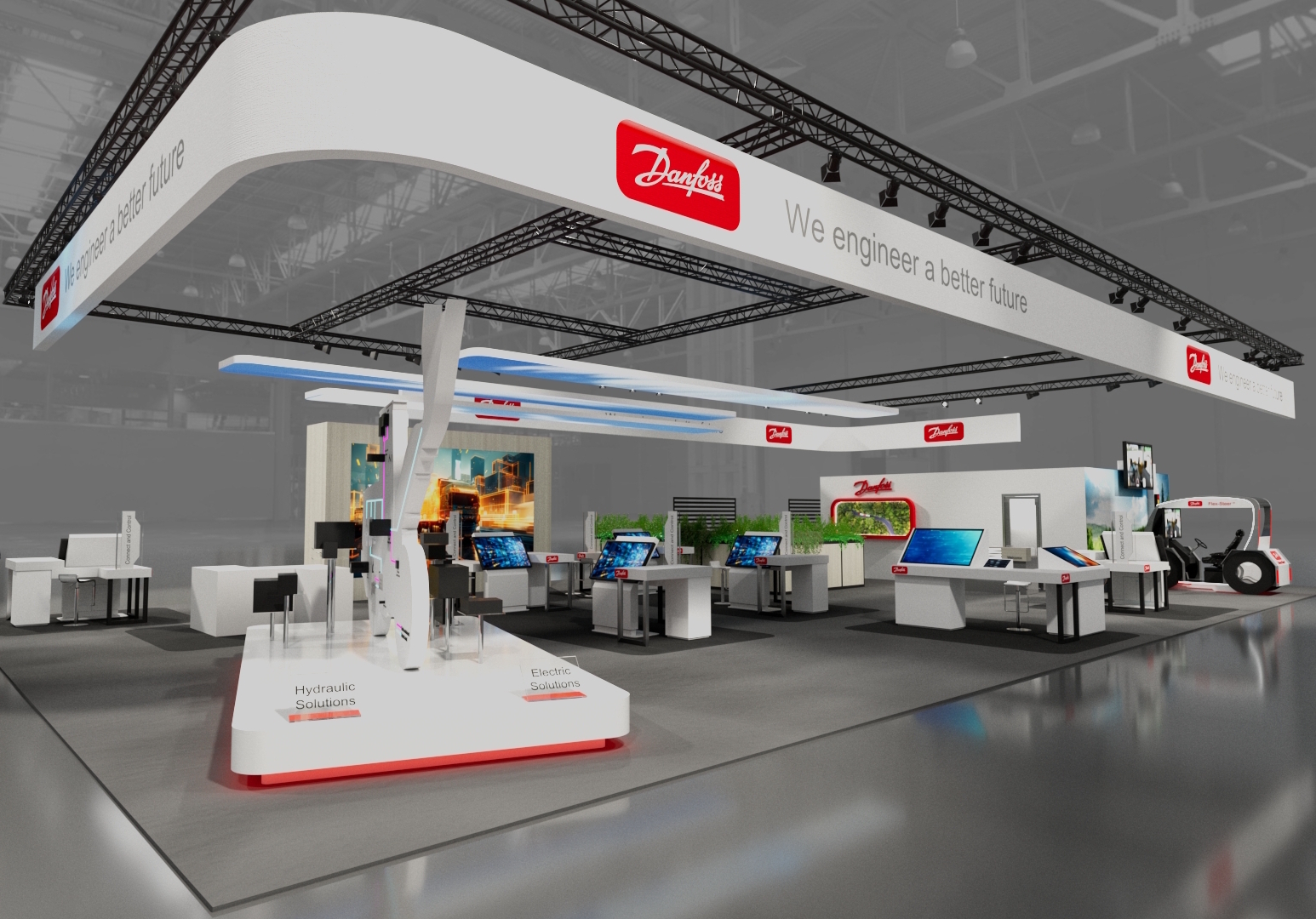 Danfoss technology exhibition booth with interactive displays and technical solutions