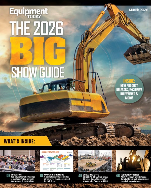 Yellow excavator on rocky terrain, Equipment Today 2026 Big Show Guide magazine cover