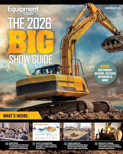 Yellow excavator on rocky terrain, Equipment Today 2026 Big Show Guide magazine cover