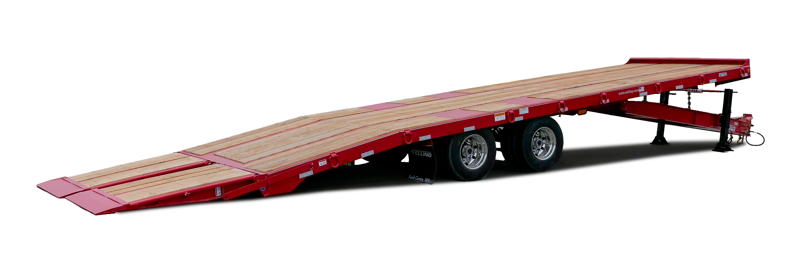 Red and silver tilt-bed trailer with extended loading ramp