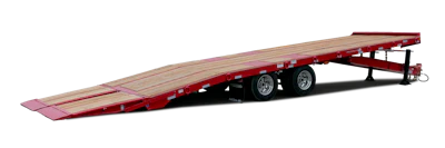 Red and silver tilt-bed trailer with extended loading ramp