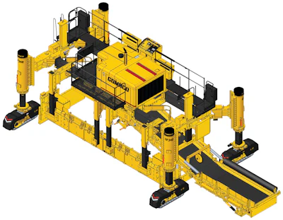 Yellow industrial robotic machinery with multiple hydraulic pistons and conveyor system