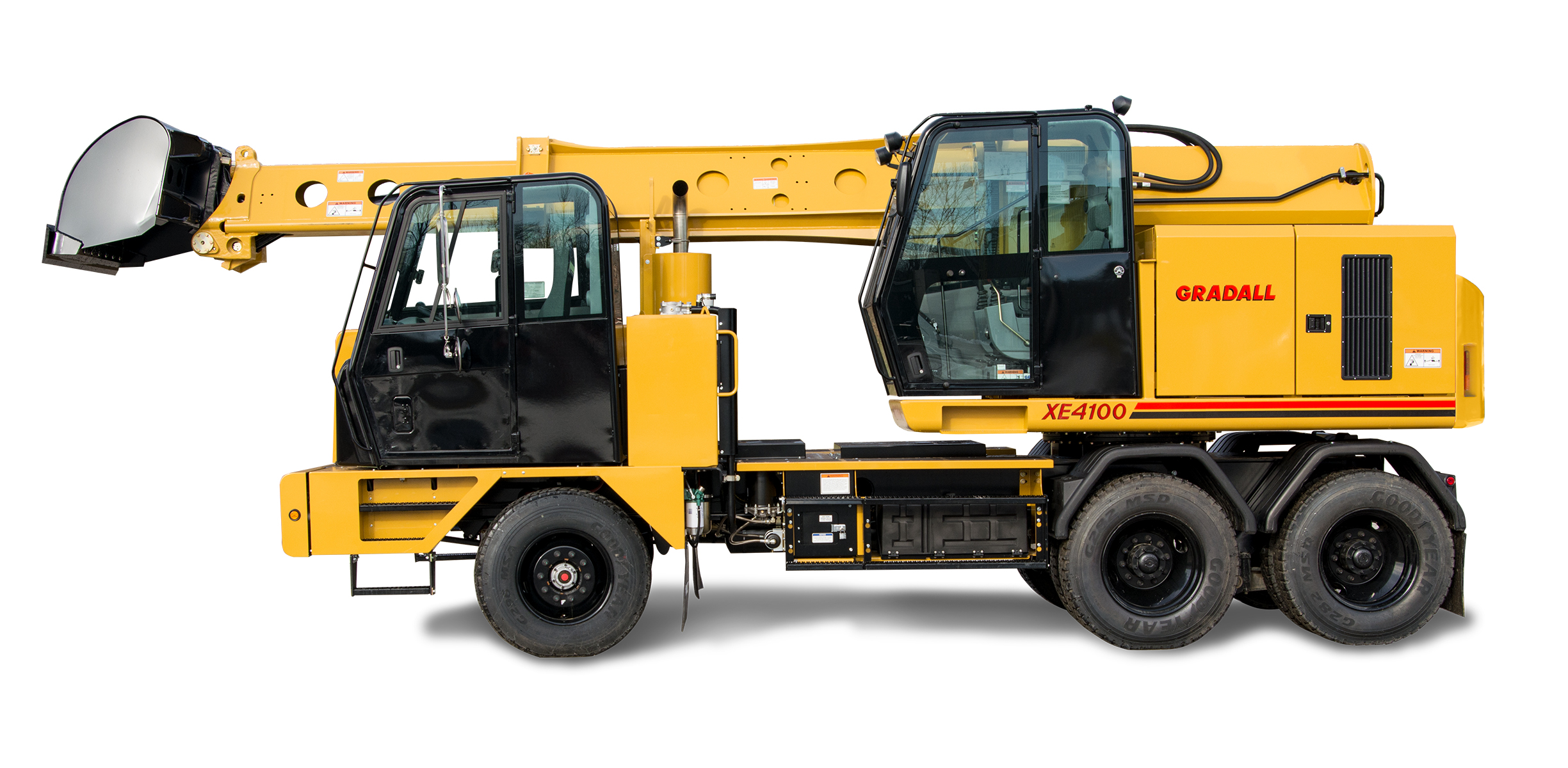 Yellow Gradall XE4100 telescopic boom truck with extended boom arm and cab, viewed from the side