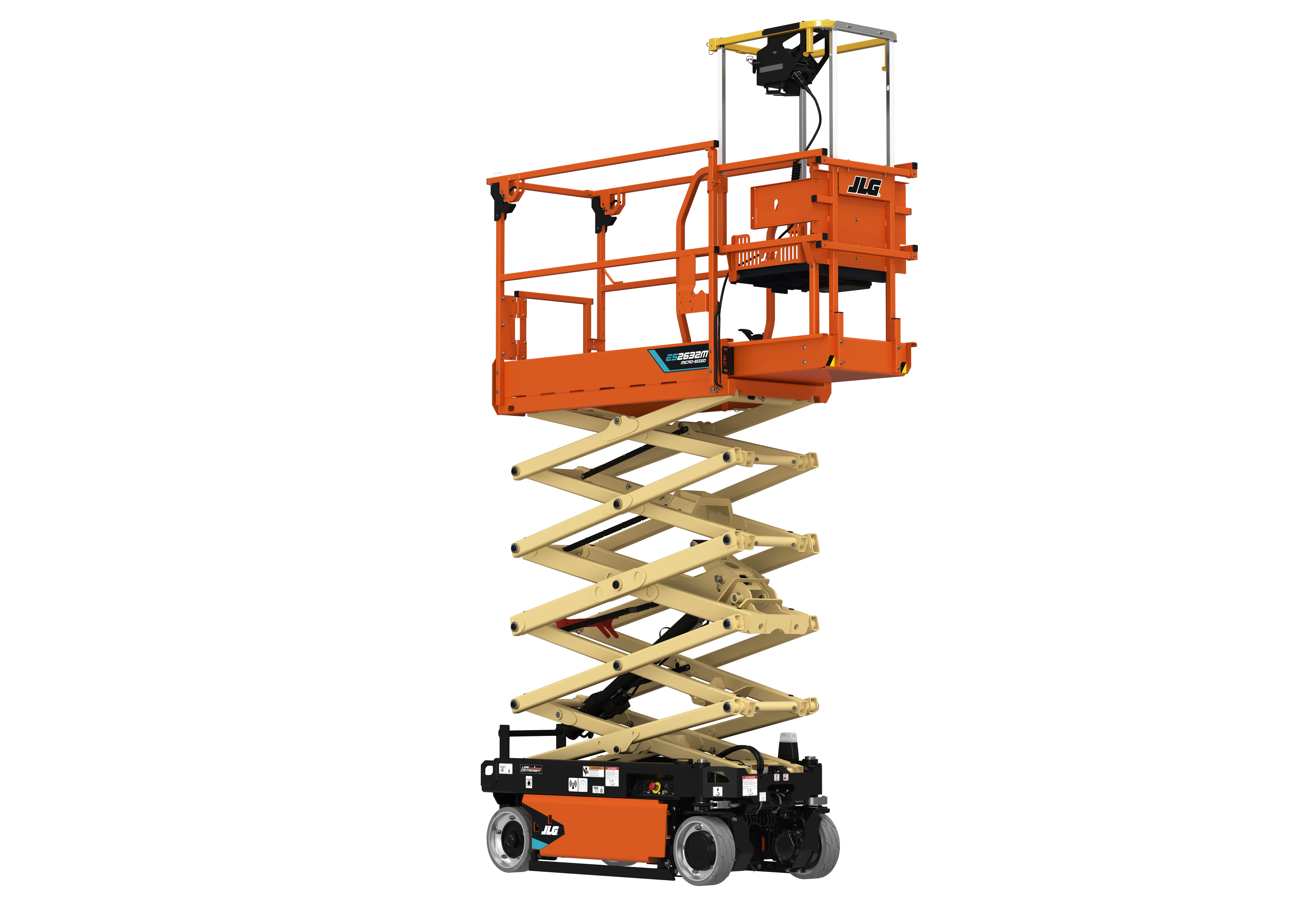 Orange JLG scissor lift platform extended vertically with raised safety railings