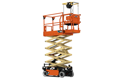 Orange JLG scissor lift platform extended vertically with raised safety railings
