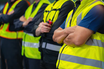 Workers in bright safety vests standing in formation with crossed arms
