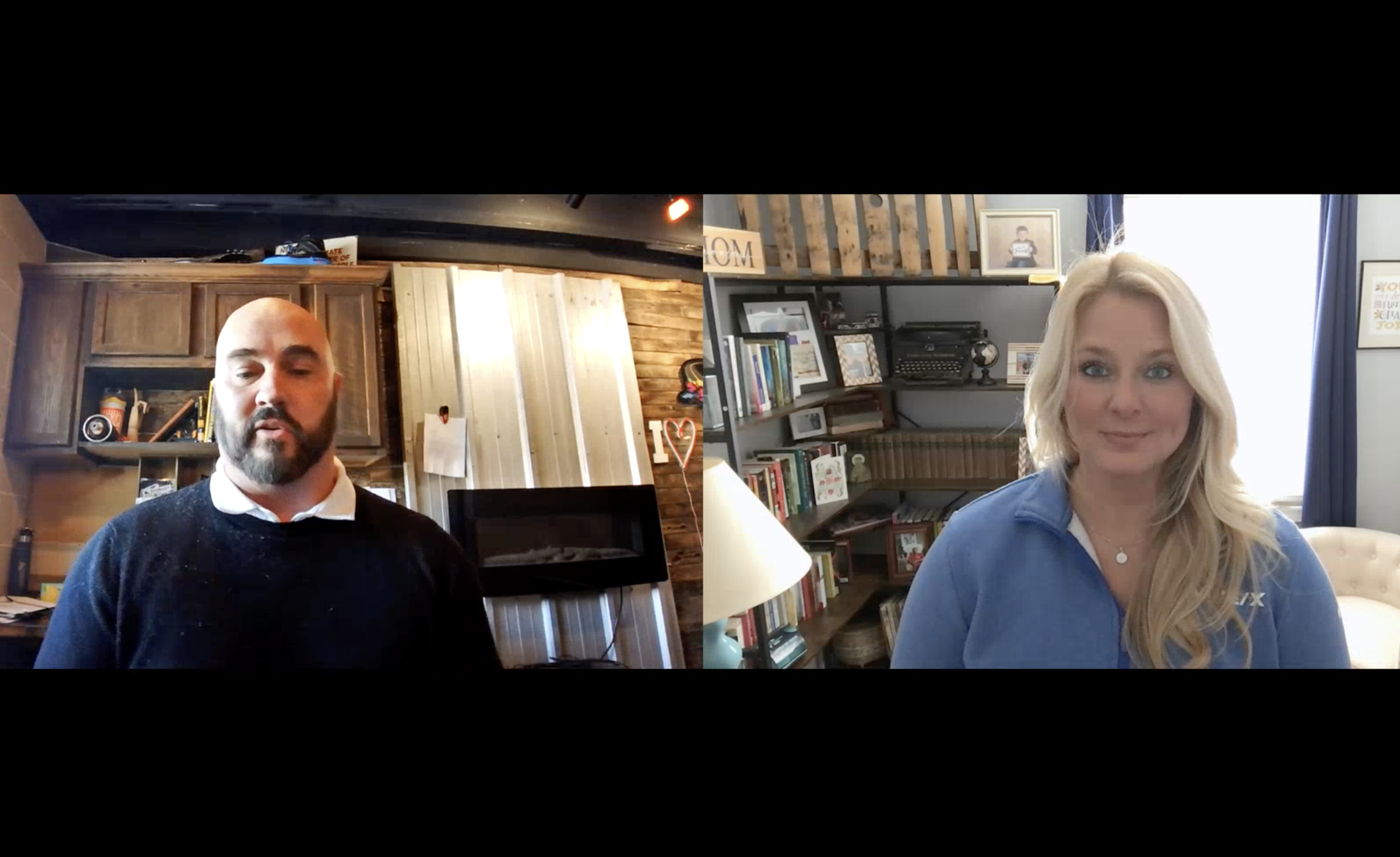 Split-screen video call with a man in a dark sweater and a woman in blue