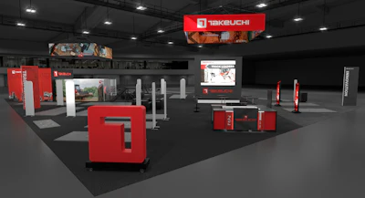 Takeuchi industrial equipment trade show booth with red and black display panels