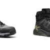 Two rugged black and red work boots side by side on white background