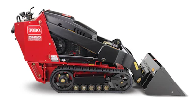 Red Toro Dingo compact track loader with bucket attachment