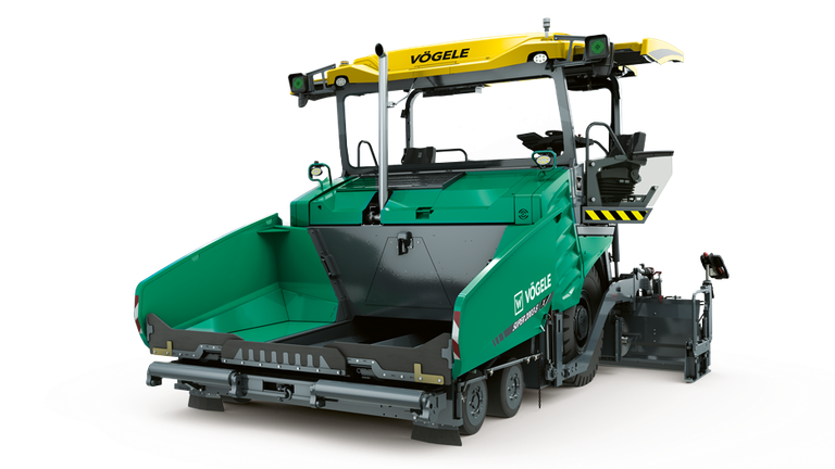 Vögele asphalt paver machine with yellow hopper and green body on white background