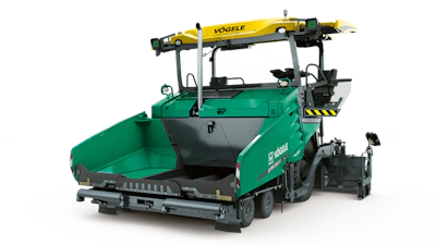 Vögele asphalt paver machine with yellow hopper and green body on white background