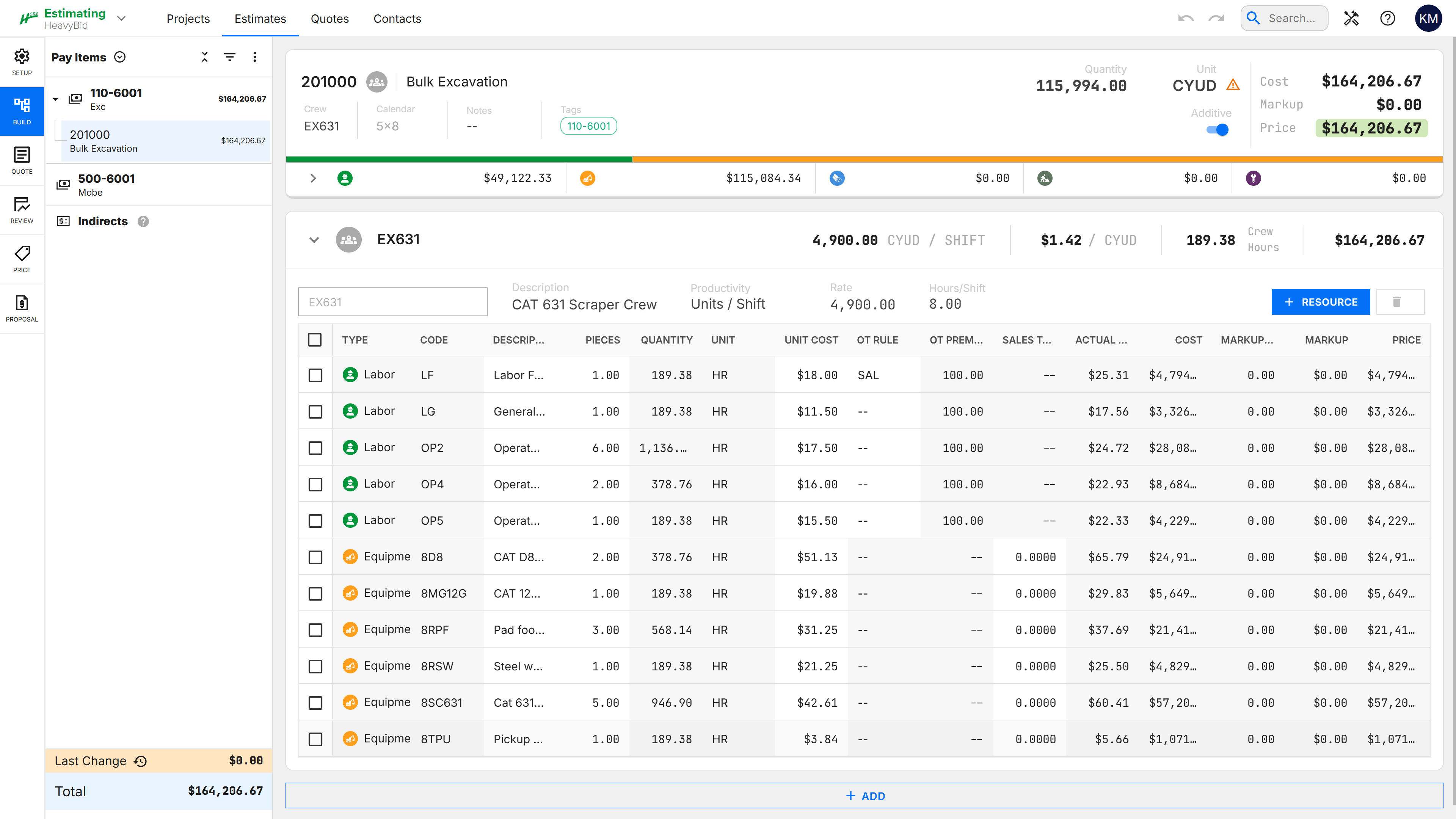 Construction project management dashboard showing bulk excavation data with cost breakdown and labor details in a spreadsheet table format.