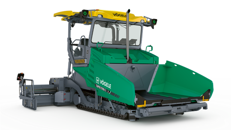 VÖGELE asphalt paver with yellow screed and green hopper on tracked chassis