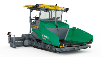 VÖGELE asphalt paver with yellow screed and green hopper on tracked chassis