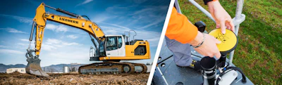 Liebherr excavator on construction site and worker using power drill with yellow safety equipment