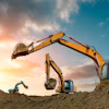 Heavy excavators operating on a construction site during golden hour with dramatic sky and earth mounds