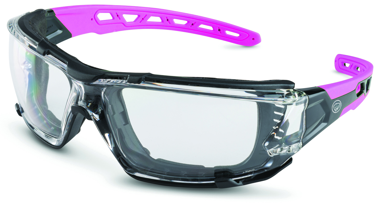 Pink and black safety goggles with clear lenses and ventilated design