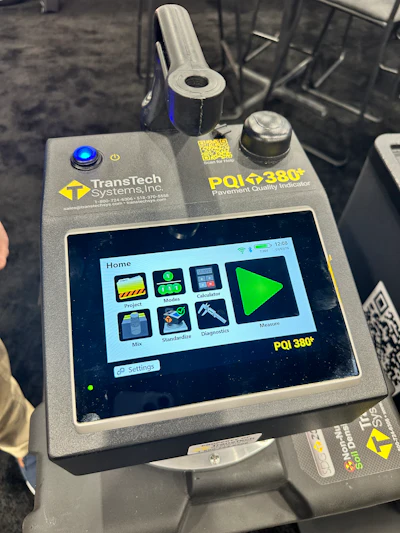 TransTech Systems PQI 380+ pavement quality indicator device with touchscreen display showing home menu and measurement tools