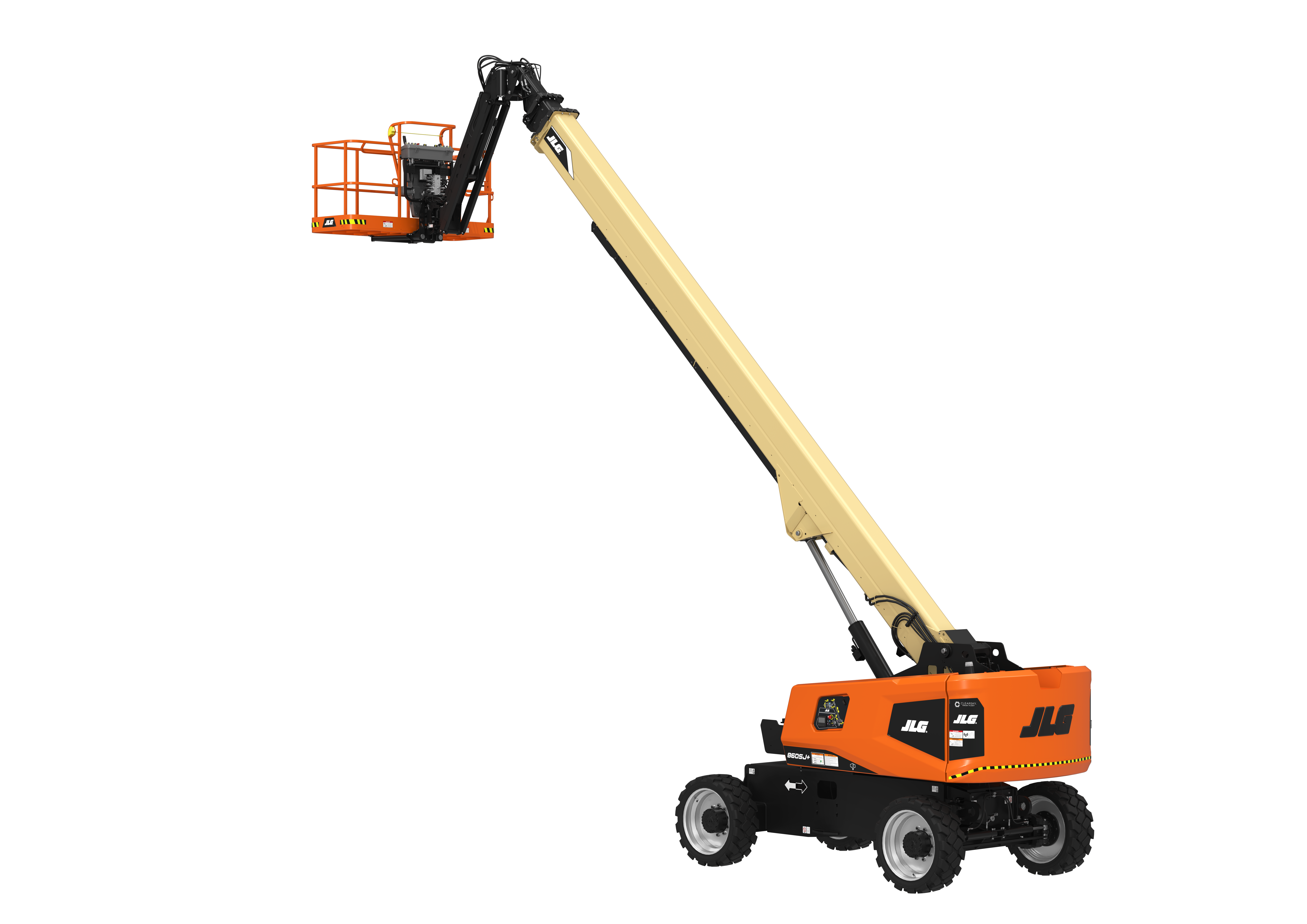 Orange and tan JLG boom lift with extended articulating arm and elevated work platform