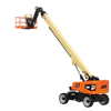 Orange and tan JLG boom lift with extended articulating arm and elevated work platform