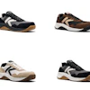 Four athletic sneakers in black, brown, and tan colorways with white and orange accents