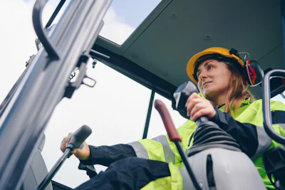 Female construction worker in safety gear operating heavy machinery on job site