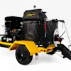 Yellow and black Champ asphalt paving machine with tow trailer on white background