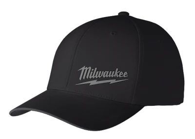 Black Milwaukee baseball cap with gray embroidered logo and lightning bolt design