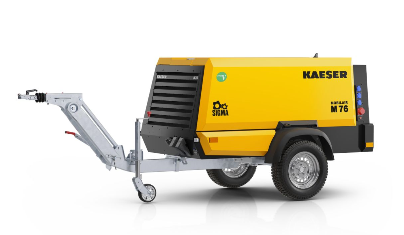 KAESER SIGMA M76 yellow and black mobile air compressor unit on wheels with articulated arm