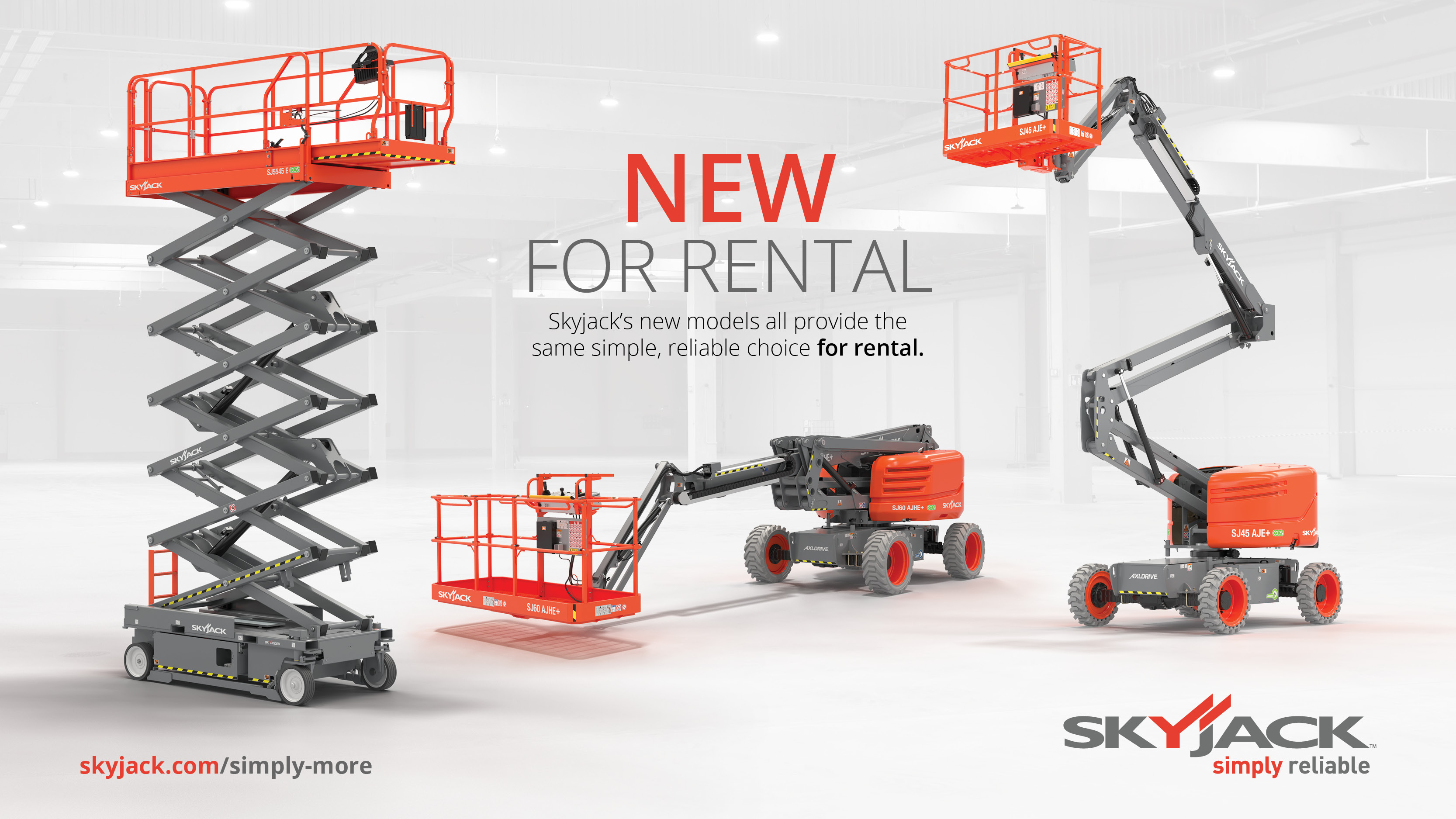 Skyjack aerial lift equipment rental advertisement featuring scissor lifts, boom lifts, and telehandlers available for rental