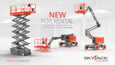 Skyjack aerial lift equipment rental advertisement featuring scissor lifts, boom lifts, and telehandlers available for rental