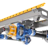 Industrial overhead crane system with yellow beam, blue motorized trolleys, and mechanical lifting components