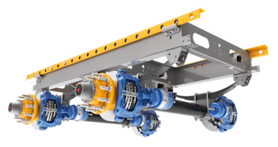 Industrial overhead crane system with yellow beam, blue motorized trolleys, and mechanical lifting components