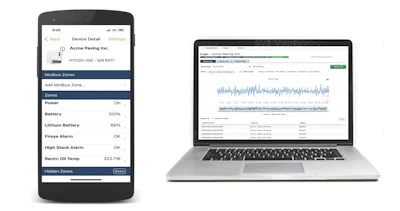 Fleet management dashboard showing mobile device and laptop displaying Acme Paving Inc. equipment monitoring system with real-time analytics and status indicators