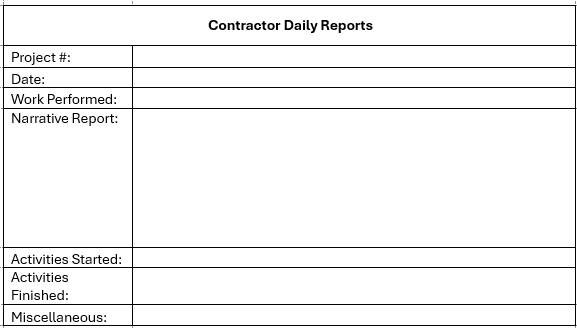 Blank contractor daily reports form with fields for project number, date, work performed, narrative report, activities started, activities finished, and miscellaneous notes.