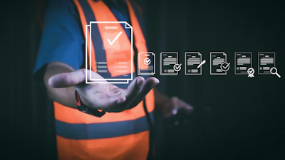 Worker in safety vest holding digital document management and quality assurance icons