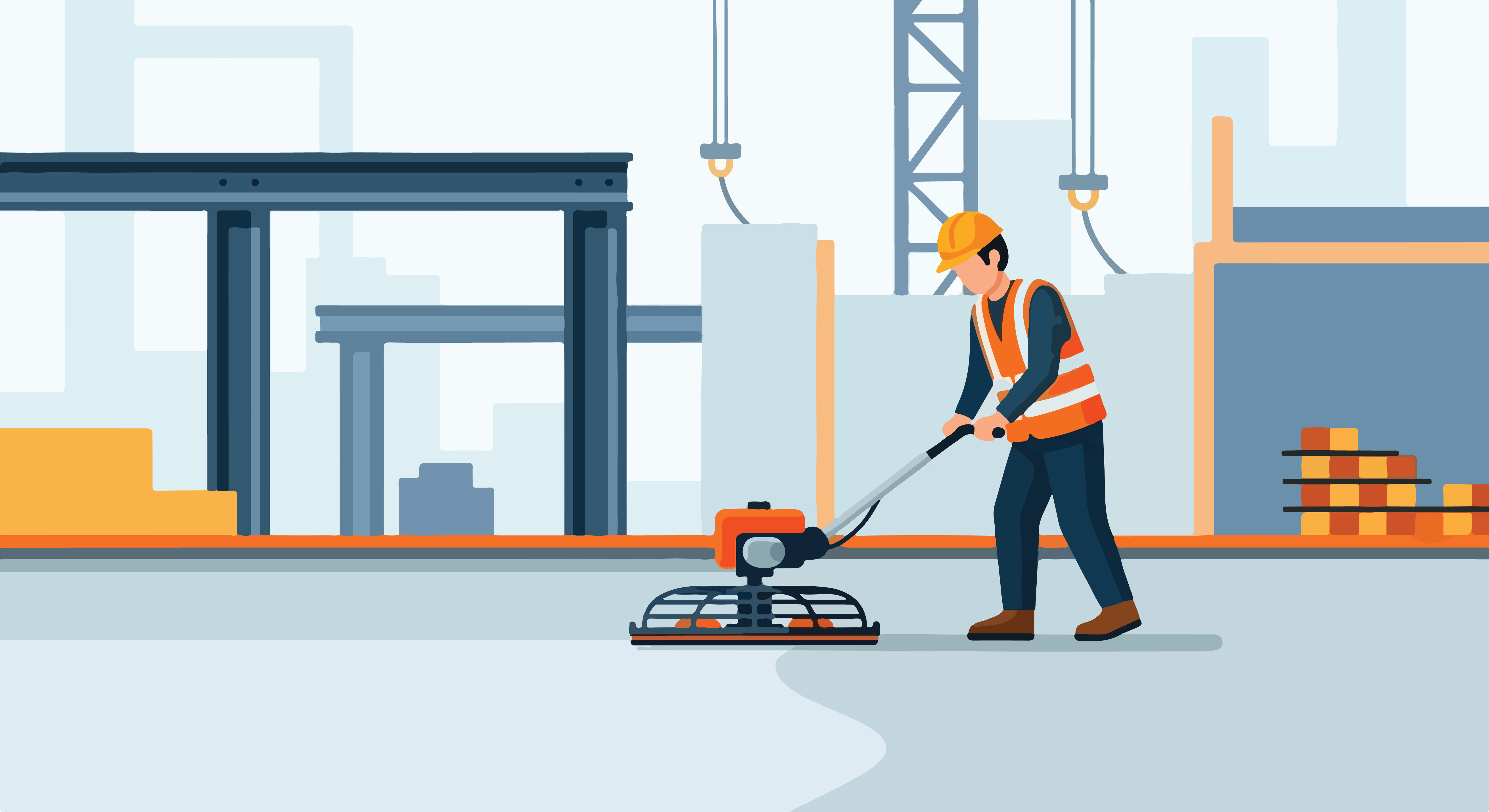 Construction worker operating a plate compactor on an active building site with cranes and materials