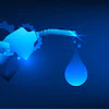 Digital illustration of a robotic hand dispensing water droplet with glowing gears on blue background
