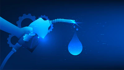 Digital illustration of a robotic hand dispensing water droplet with glowing gears on blue background