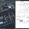 Split-screen CAD software showing 3D site plan on left and detailed architectural floor plans with measurements and room labels on right