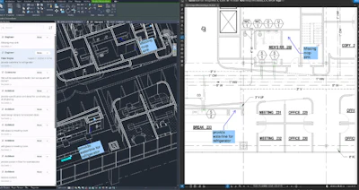 Split-screen CAD software showing 3D site plan on left and detailed architectural floor plans with measurements and room labels on right