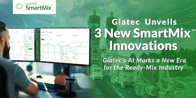 Giatec SmartMix promotional banner featuring AI innovations for ready-mix concrete industry with person monitoring dashboard