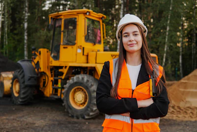 Female construction worker in safety gear smiling with yellow wheel loader in forest background