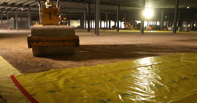 Road roller compacting asphalt on construction site at night with yellow safety barriers