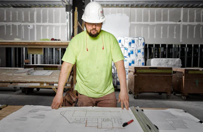 Construction worker in safety gear reviewing building blueprints at a workbench in a garage.