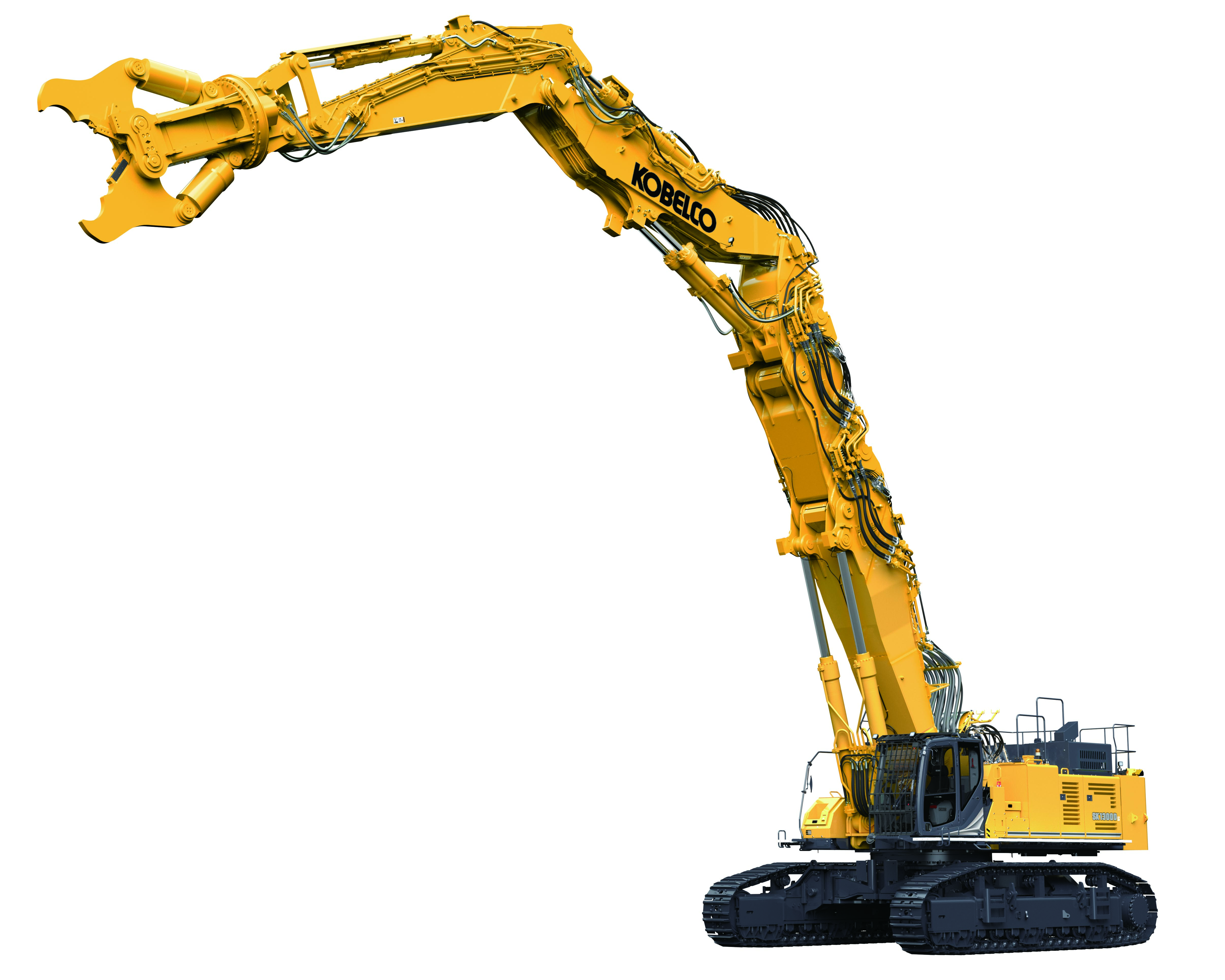 Kobelco yellow excavator with extended boom and bucket attachment on tracked base