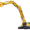 Kobelco yellow excavator with extended boom and bucket attachment on tracked base