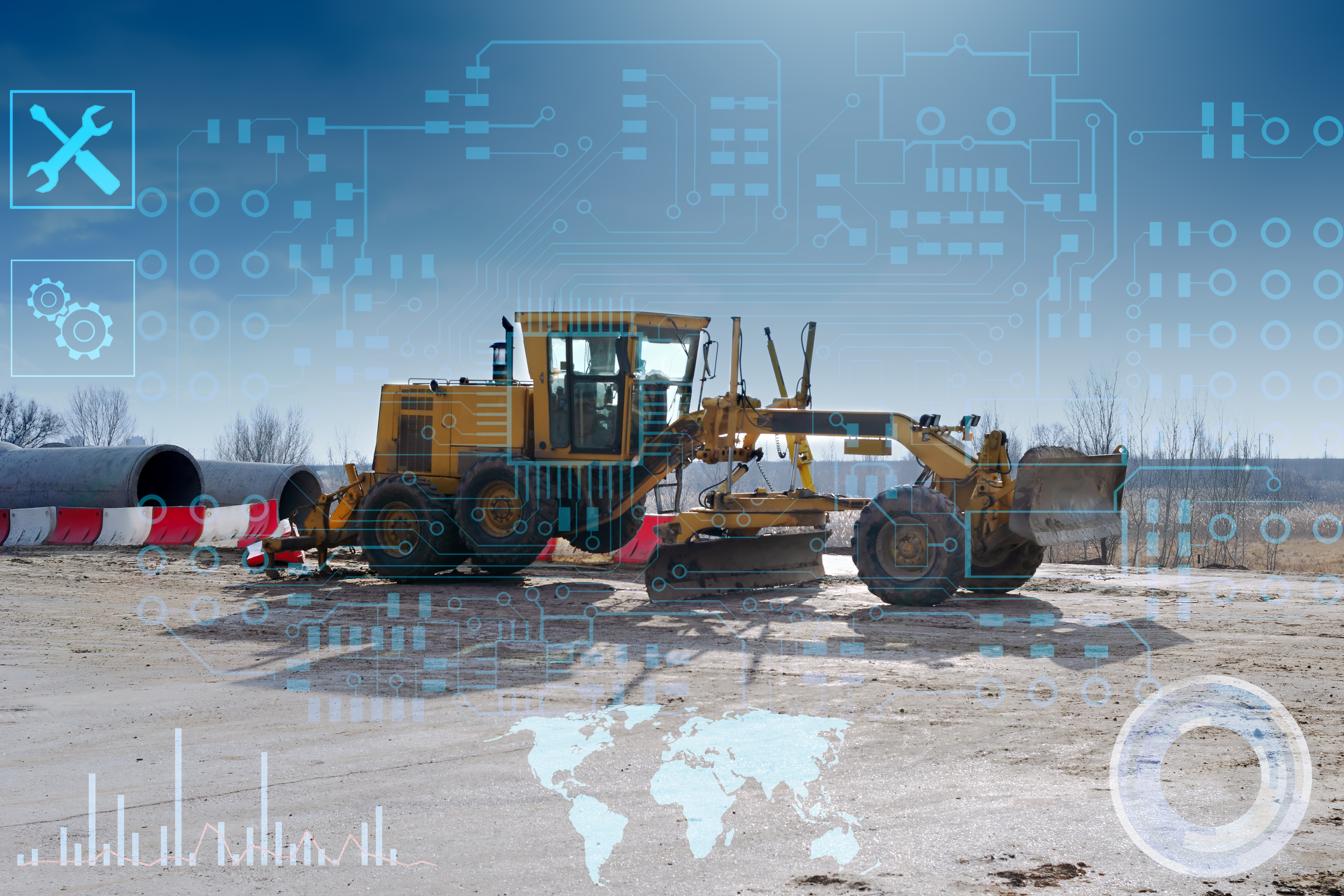 Heavy construction equipment including motor grader and bulldozer on industrial site with digital technology overlay