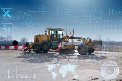 Heavy construction equipment including motor grader and bulldozer on industrial site with digital technology overlay